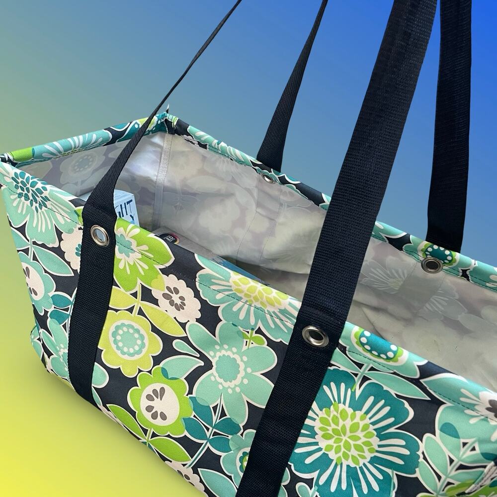 Thirty-One Large Utility Tote Blue Green Floral Pattern Open Top Storage Bag
